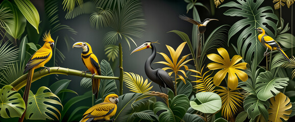 jungle composition birds in dense jungle. Hummingbirds, parrots, cockatoos, Koro-koro, toucan. Birds on liana and palm trees in the forest. indoor jungle - obrazy, fototapety, plakaty