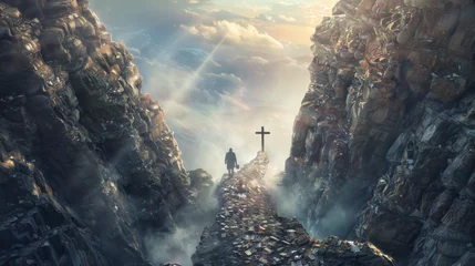 Fotobehang Lone man crosses a narrow path towards the Cross leaving money behind. Spiritual fulfillment and Christian Easter concept. © Synaptic Studio