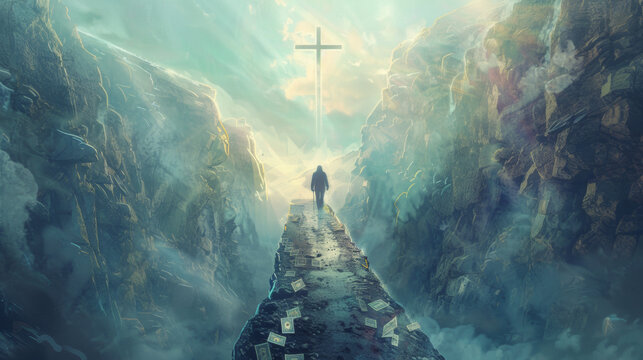 Lone man crosses a narrow path towards the Cross leaving money behind. Spiritual fulfillment and Christian Easter concept.