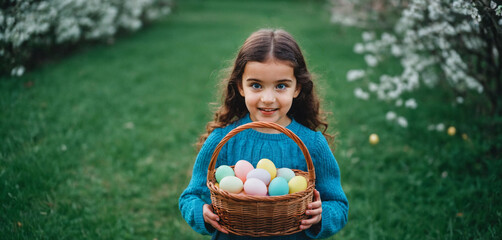 a little girl, child, hunting for eggs at Easter, an Easter basket, woven basket full of Easter eggs, cute sweet, joyfully happy