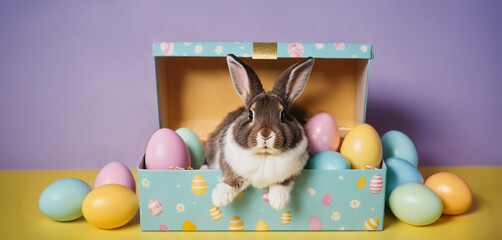 cute easter bunny in box with easter eggs, Gift box with Easter eggs