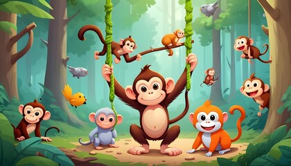 A Monkey Hanging Out With Other Animals In The For