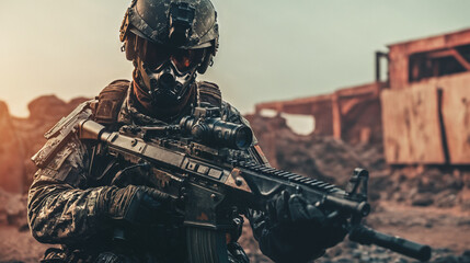modern fictional soldier, gloomy city on background, futuristic weapon and combat gear, man as soldier in dark uniform