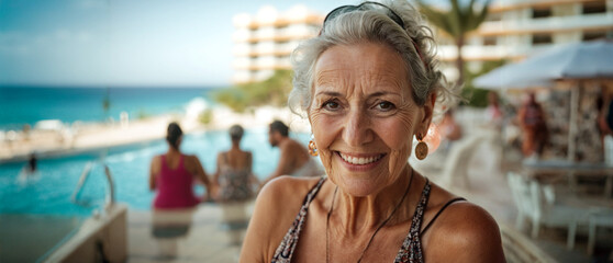 adult mature middle age woman at a beach with a hotel with a swimming pool