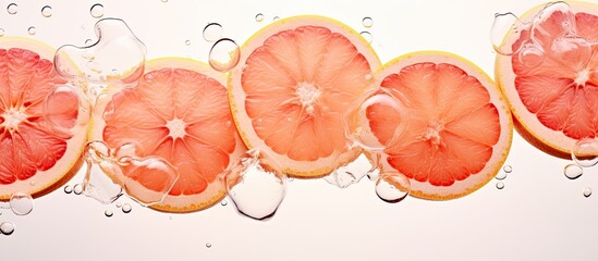 Grapefruits floating in a transparent container filled with water, surrounded by small air bubbles emanating upwards - obrazy, fototapety, plakaty