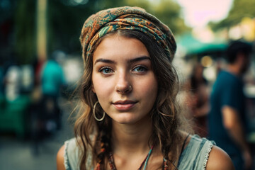young adult woman or teenage girl, hippie style or cozy casual, earrings and nose piercing, light brown or brunette hair hair color, summery temperatures
