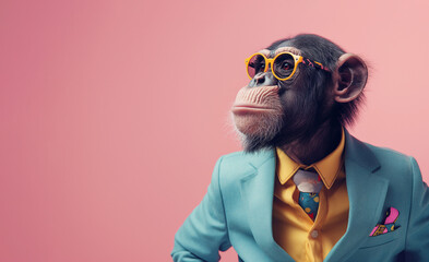 A pop art inspired portrait of a monkey sporting a bright blue suit and colorful accessories, over a pink backdrop. Fashionable ape. - obrazy, fototapety, plakaty
