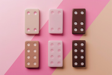 Flat lay of domino-shaped chocolates in white, milk, and dark variations, artistically arranged on a double-shaded background.