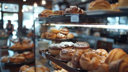 Foto op Plexiglas Artisanal Pastries Cinematic shots of freshly baked pastries and desserts displayed on the counter tempting customers  AI generated illustration © ArtStage