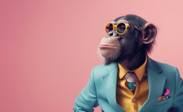 A pop art inspired portrait of a monkey sporting a bright blue suit and colorful accessories, over a pink backdrop. Fashionable ape.