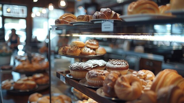Artisanal Pastries Cinematic shots of freshly baked pastries and desserts displayed on the counter tempting customers  AI generated illustration