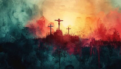 crucifixion of Jesus on the top of the mountain. watercolor painting. - obrazy, fototapety, plakaty