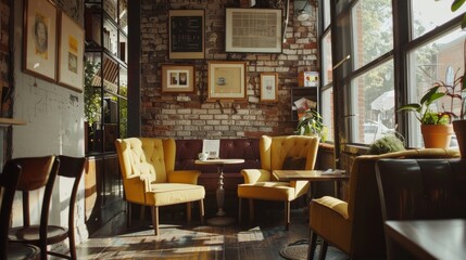 Coffee Shop Interiors Cinematic shots highlighting the interior design and decor of the coffee shop from exposed brick AI generated illustration