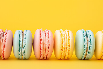 A vibrant array of macarons stand in a precise row against a bright yellow background, showcasing confectionery perfection.