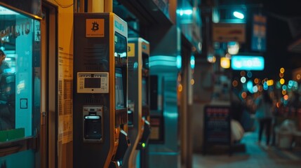 Cryptocurrency ATMs Cinematic shots of cryptocurrency ATMs in urban settings highlighting the accessibility and conven AI generated illustration - obrazy, fototapety, plakaty