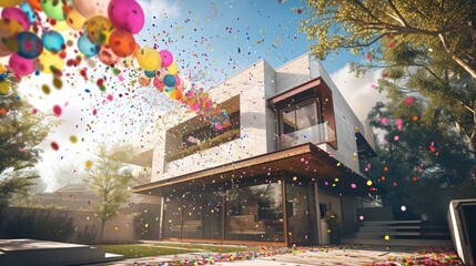 Fototapeta na wymiar Grandeur of confetti and balloons on a modern home, side, front, and backyard view.