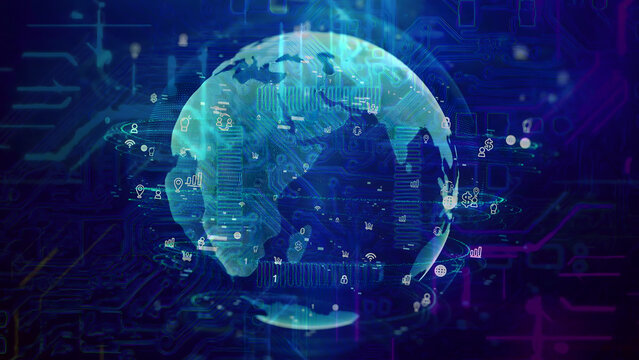 Globe and technology background. 3d rendering toned image double exposure