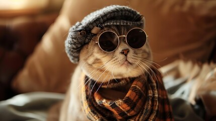 Fashionista Felines Cinematic shots of cats wearing tiny hats scarves or sunglasses strutting their stuff with feline  AI generated illustration - obrazy, fototapety, plakaty