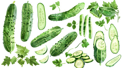 Side view, close up of fresh cucumber slices with water droplets placed side by side. vegetable texture background.
