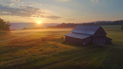 Fototapeta na wymiar Sunrise on the Farm Cinematic shots of the farm awakening to the first light of dawn conveying the peaceful beauty andAI generated illustration