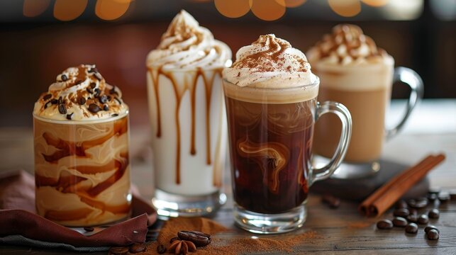 Seasonal Specialties Detailed photographs of seasonal coffee drinks and flavors such as pumpkin spice lattes in the faAI generated illustration