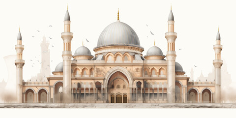 Fototapeta na wymiar 2d front facade of Islamic mosque with copy space 