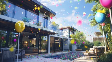 Grandeur with confetti and balloons on a contemporary mansion backyard view.
