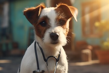 Dog in the hands of a veterinarian. Jack Russell Terrier puppy