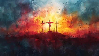 crucifixion of Jesus on the top of the mountain. watercolor painting. - obrazy, fototapety, plakaty