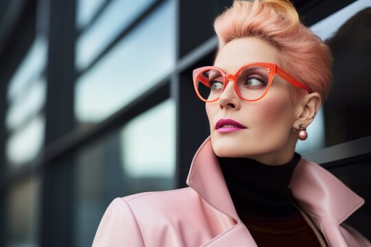 Fashionable young woman with pink hair wearing pink coat and glasses.