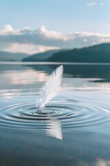 A Delicate Feather Gently Drifting Across a Serene Lake Creating Mesmerizing Ripples