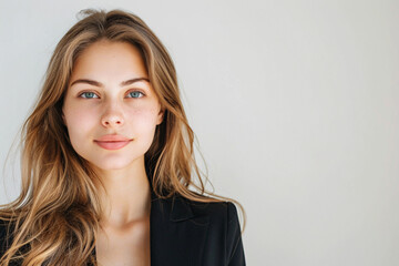Fototapeta premium Positive business woman smiling at camera crossing hands on isolated white studio background