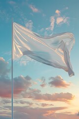Serene White Flag Billowing Against Peaceful Sky at Sunset or Sunrise - obrazy, fototapety, plakaty