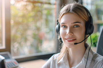 Woman wearing headset with microphone in telecommunications, CRM or office for customer service.