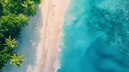Drone photography of tropical sany beach with crystal clear sea. Copy space for a text