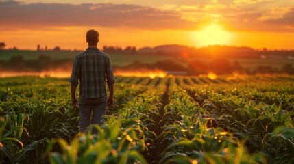  farmer or agronomist is working at his corn field. - obrazy, fototapety, plakaty