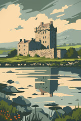 Travel vintage poster with spectacular view at old castle, Ireland. Watercolor bear in a sweater reading book. Ai generated image