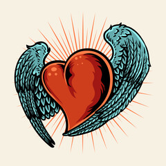 Illustration heart with wings, vector illustration on white background