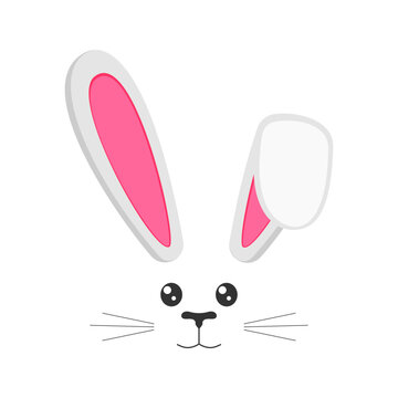 Cute bunny muzzle with ears, eyes, nose, mouth and whisker. Props for Easter party or photo shoot, design element for greeting or invitation card, celebration banner. Vector flat illustration.
