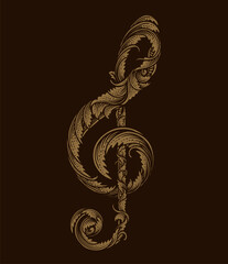 Vintage illustration music note design element with antique engraving ornament style