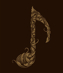Vintage illustration music note design element with antique engraving ornament style