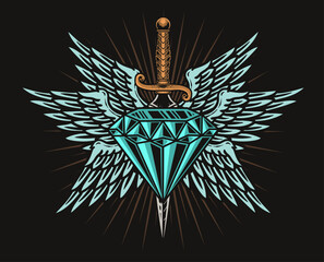 Illustration diamond with wings and knife on black background