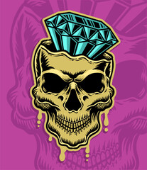 Illustration skull head with diamond on pink background
