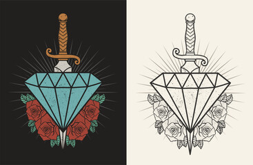 Set illustration diamond with knife and rose flowers