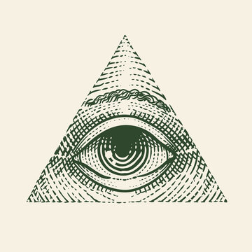 All Seeing Eye of God. Illuminati symbol. Illustration hand drawn, engraving drawing, vector.