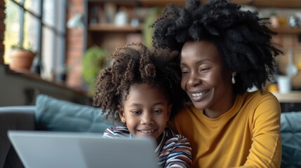 African mother and cute daughter spend time at home surfing and learning online from internet...