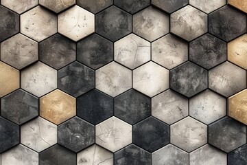 Abstract background with hexagonal tiles in different shades of gray, beige and black colors