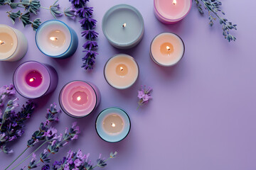 A collection of aromatic candles in various scents and colors arranged on a cozy mauve background, creating a warm and inviting atmosphere - obrazy, fototapety, plakaty