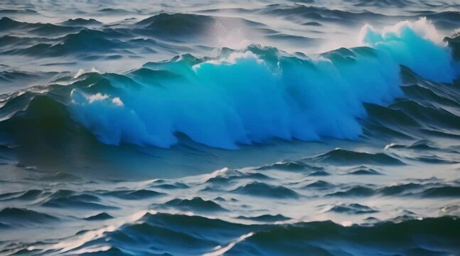 Turbulent Depths: Slow Motion Close-Up of Disturbed Blue Ocean Water Surface
