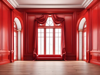 Modern symmetrical classic red empty interior with wall panels moulding and shiny wooden floor design.